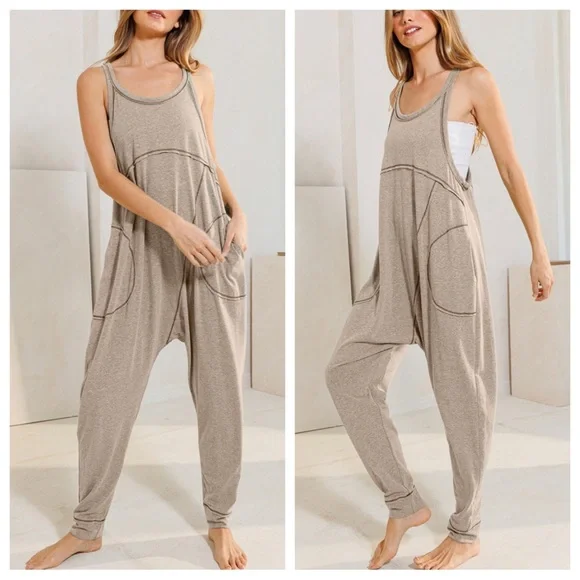 44 Boho Most Comfy Sleeveless Solid Harem Jumpsuit - Picture 2 of 3